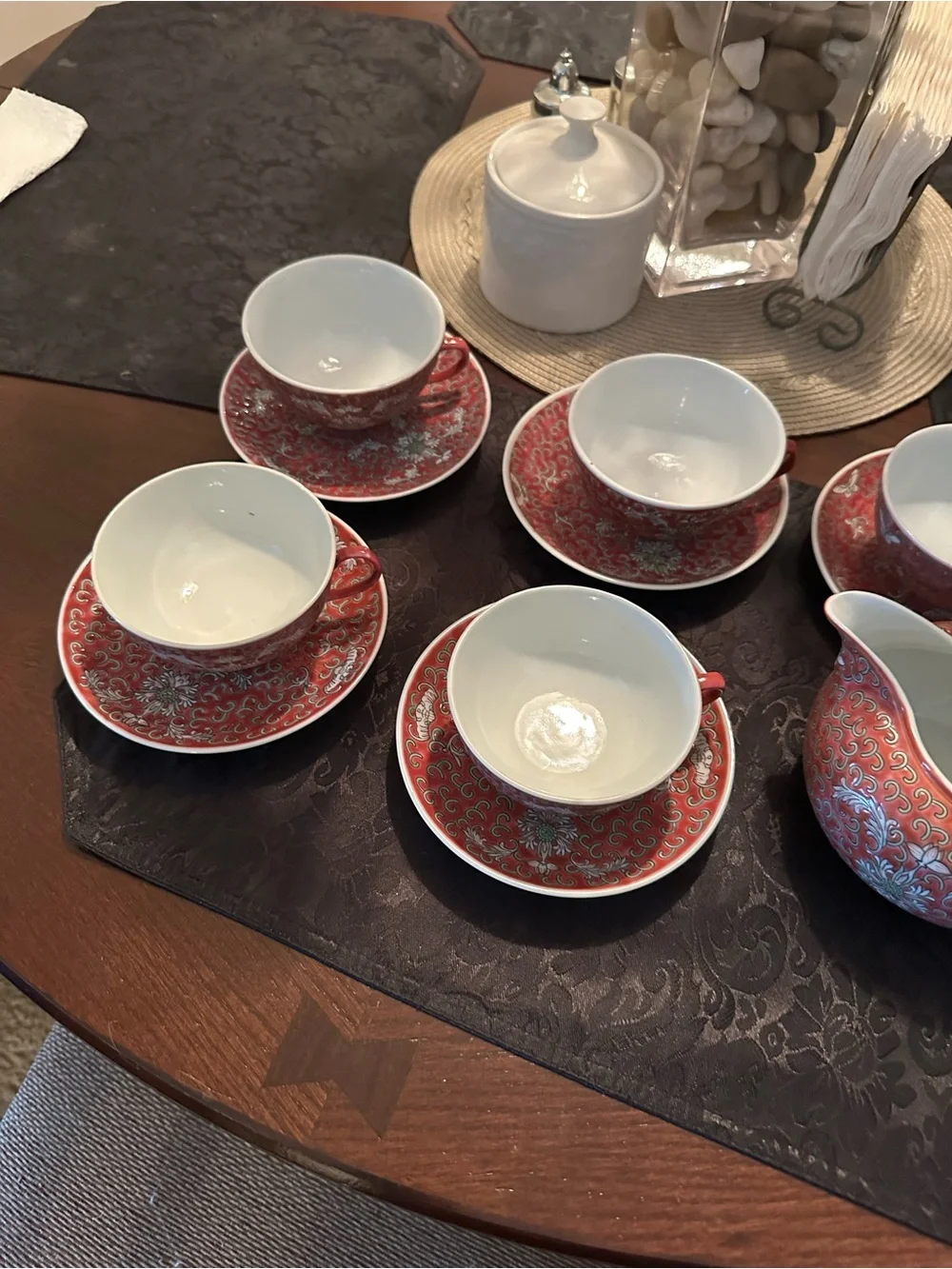 Vintage Famille Rose Mun Shou Porcelain Tea Set of 5 & soup bowl